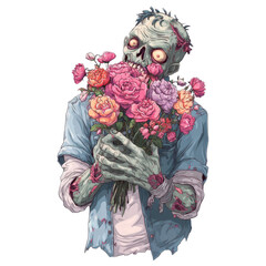 Zombie with Flowers: An illustrative representation of a zombie, holding a vibrant bouquet of flowers, blending the macabre with beauty and hinting at unexpected tenderness.