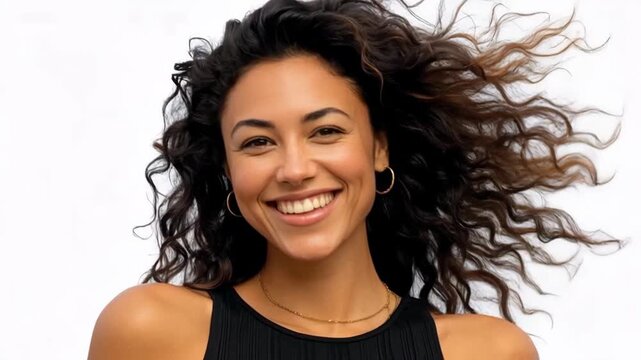 Confident young woman with curly hair posing against a white background demonstrating beauty and self-expression