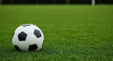 Fototapeta premium Soccer ball resting on a vibrant green grass field