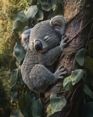 Fototapeta premium A sleepy koala cuddles a tree trunk, surrounded by lush green leaves and soft, warm sunlight filtering through.
