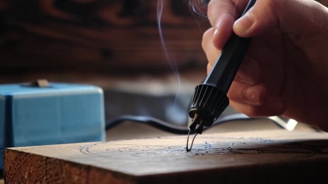 Burn out the picture. Woodburning or pyrography. An artist drawing on a wooden plank with pyrograph. Wood burning ASMR creative hobby. Art class workshop. Creative activity. High quality 4k footage.