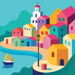a colorful illustration of a town on the coast