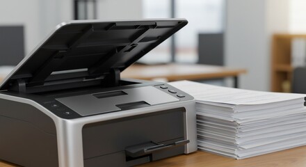 明るいオフィスで輝く複合機、書類印刷準備完了 This translates roughly to: "Shining multifunction printer in a bright office, document printing ready". AI Generated