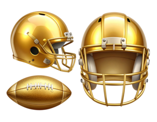 A - Golden American Football Helmet and Ball Vector Set with Reflective Highlights, Front and Side Views on White Background.