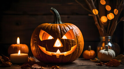 Obraz premium Leuchtender Halloween Kürbis mit Kerzenlicht