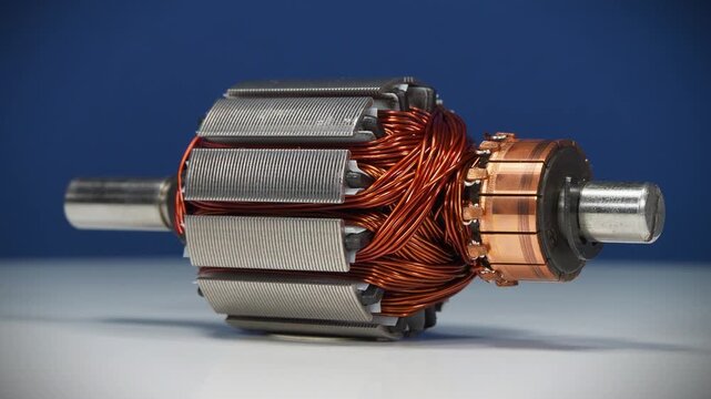 Armature of an electric motor with copper coil of a small household appliance, rotates on blue background