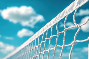 A close-up of a volleyball net against a bright blue sky, evoking a sense of summer fun and sport.