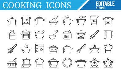 Vector Icons for Cooking Pots, Whisks, and Kitchen Equipment for Recipes

