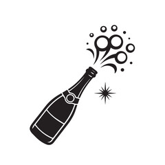 Black silhouette of an uncorked champagne bottle with a burst of bubbles and celebratory starburst isolated on white background silhouette