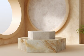 Modern marble pedestal display with soft lighting and natural textures