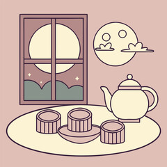 Stylized teapot and pastries sit near a window and stylized moonscape