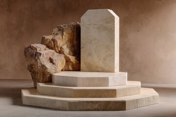 Abstract stone sculpture with natural textures and geometric forms
