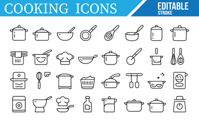 A collection of editable stroke icons representing various cooking tools and utensils, including pots, pans, bowls, whisks, ovens, and measuring instruments, ideal for culinary, kitchen, and recipe pr