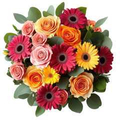 Colorful bouquet of roses and gerbera daisies arranged with green leaves for a cheerful display on transparent background