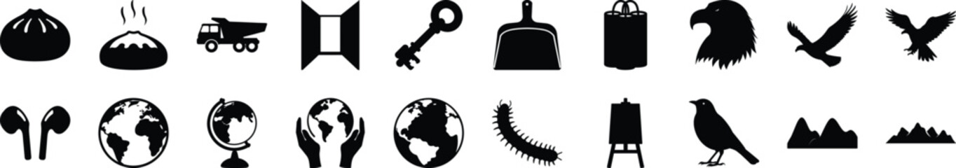 Black Silhouettes of Objects, Birds, and Symbols icon set   Horizontal lineup of black silhouette icons featuring global symbols, birds, tools, food, keys, and various everyday objects.

