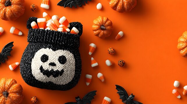 Halloween candy corn in a knitted bag with a jack-o'-lantern design.