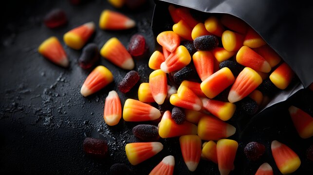 Colorful candy corn and other treats scattered on a dark surface.