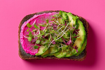 avocado toast with neon pink hummus swirl, microgreens, edible glitter