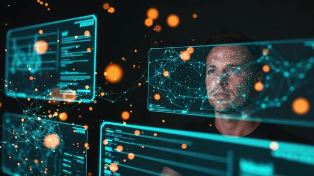 A focused individual analyzing complex data visualizations on futuristic holographic screens immersed in a dark environment with glowing orange particles illustrating advanced technology and data anal