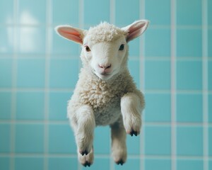 Fototapeta premium A playful white lamb jumps in mid-air against a bright turquoise backdrop.