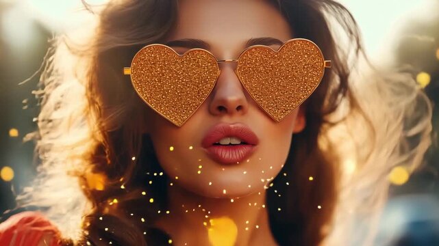 A woman wearing heart shaped sunglasses poses and pouring lips outdoors in warm sunlight surrounded by shimmering sparkles, enjoying a carefree moment