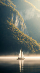 Sailboat gliding on misty water dramatic cliffs and golden light