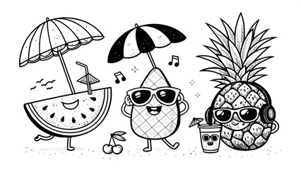 “Flat, graphic black line art of summer fruits with character: a watermelon slice with a face, a pineapple wearing shades, a banana holding a surfboard, cherries as headphones, and a coconut with a dr