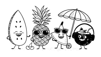 “Flat, graphic black line art of summer fruits with character: a watermelon slice with a face, a pineapple wearing shades, a banana holding a surfboard, cherries as headphones, and a coconut with a dr
