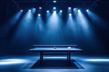 A dramatic blue-lit ambiance surrounding a ping pong table, showcasing the sport's elegance and intensity.