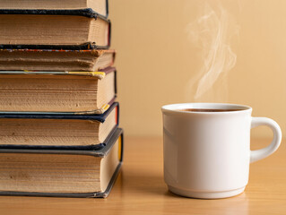 Fototapeta premium A steaming cup of coffee sits beside a stack of old books on a wooden table