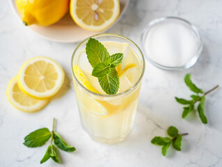 A refreshing glass of lemonade with mint and lemon slices on a marble surface