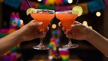 Two hands toasting vibrant margaritas at a festive celebration with colorful Mexican decorations - Powered by Adobe