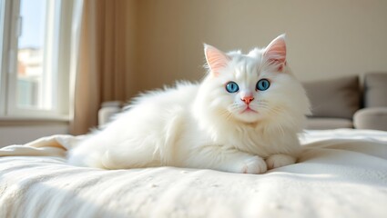 A fluffy white cat with striking blue eyes rests comfortably on a bright white quilted bedspread