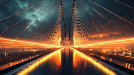 Obraz premium Futuristic bridge at sunset over city.
