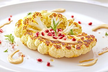 Stylish roasted cauliflower garnished with pomegranate seeds and sauce on a white plate.