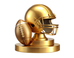 A - Premium Sport Gear Illustration with Golden Football Helmet and Ball on Elegant Podium, Vector Design for Championship Concepts.