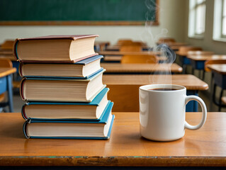 Naklejka premium A stack of books and a steaming mug of coffee on a desk in a classroom