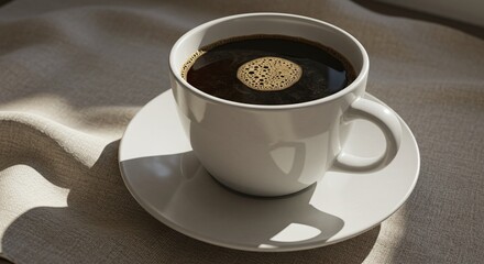 Fototapeta premium Freshly brewed hot coffee in a white ceramic mug with swirling cream, capturing the essence of a tranquil morning and a cozy start to the day.
