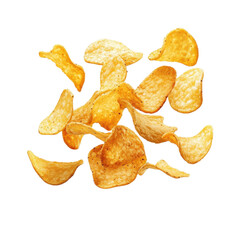 Crispy potato chips floating above a white background during a snack time moment on transparent background