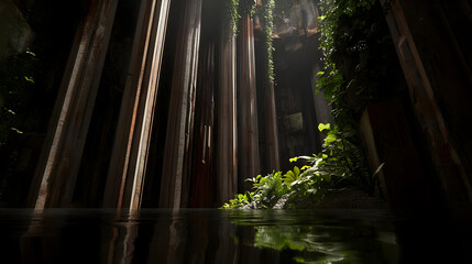 Sunlit, overgrown, dark interior.  Vertical wooden supports, reflective pool of water, lush vegetation