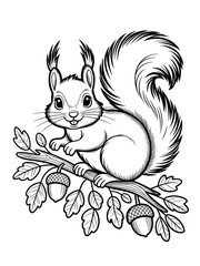Black and white line illustration of an Squirrel sitting on tree branch with acorns, suitable for coloring for children
