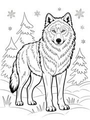 A black and white line art illustration of a majestic wolf in snowy forest, perfect for children to color