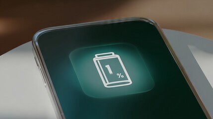 Smartphone mock up displaying low battery icon at 1 percent on screen, placed on a white surface with soft lighting, illustrating urgency in technology usage and device management