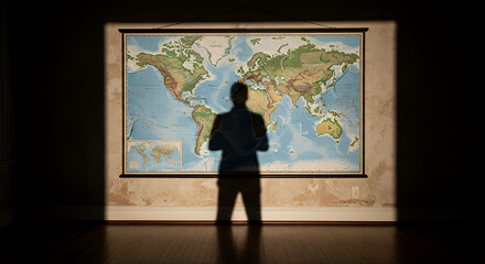 Shadowed Figure Before a Detailed World Map Hanging on a Textured Wall