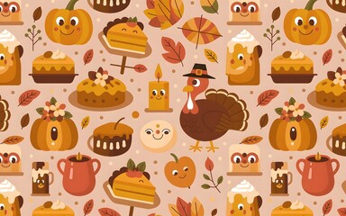 Whimsical thanksgiving greeting featuring a dapper turkey and autumn pumpkins