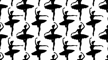 Seamless pattern of black silhouette ballerinas in various poses against a white background creating repetition