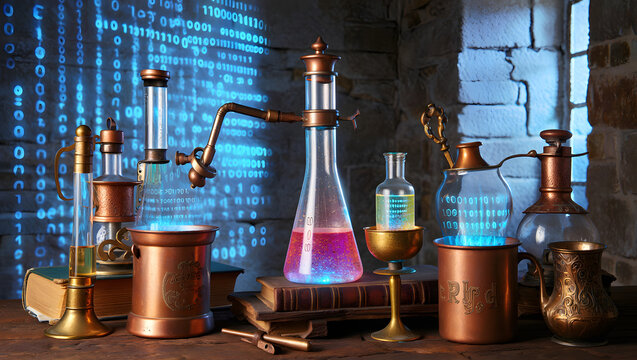 Steampunk Alchemist Laboratory with Binary Code Displaying on Glassware and Background, Digital Science