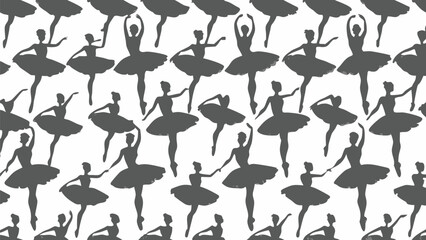 Seamless pattern of gray ballerina silhouettes in various poses on a white background creating a dance motif