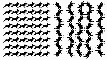 Pattern featuring rows of stylized dog silhouettes and abstract geometric shapes in black and white