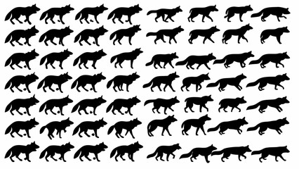 Silhouette pattern showing many wolves walking in a consistent direction across a white background design